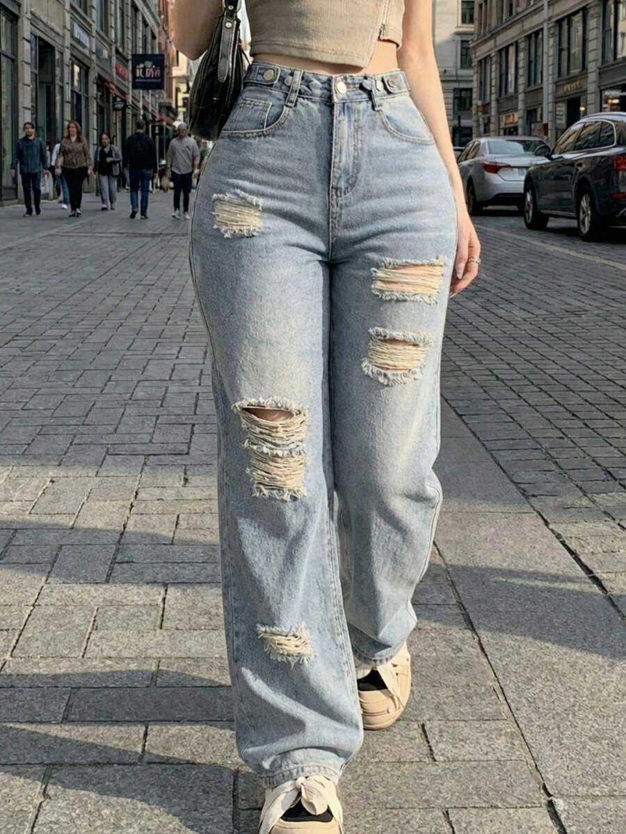 Mezclilla pantalon para mujer con rotos,rigidos,comodidad,casual. - Celeste - Ver 1