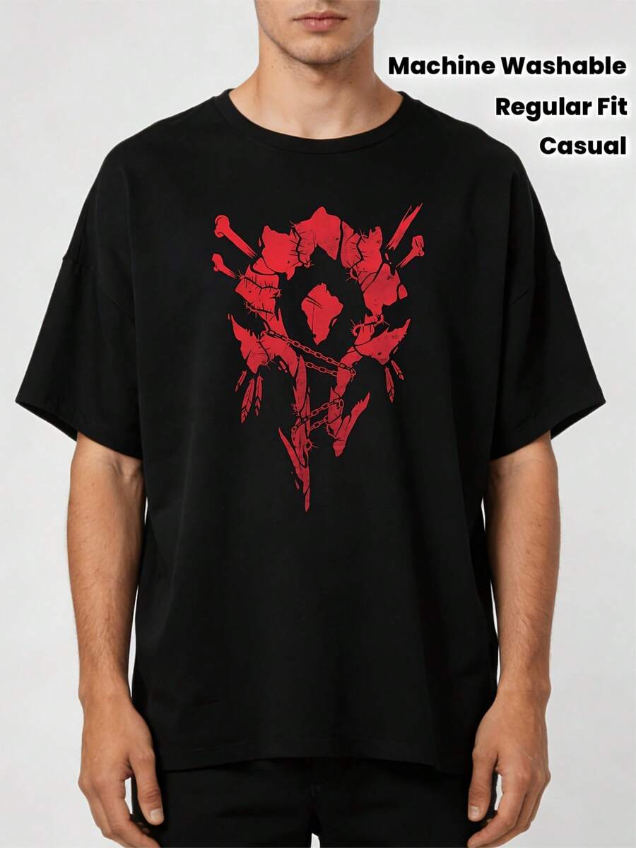 Game Theme T Shirt,Printed With  Symbols,Men And Women - 100%Breathable Cotton,Regular Version,Short-Sleeve Design,Printed With A Striking Red Warrior Helmet Pattern,Machine Washable,Suitable For All Seasons,Suitable For Gamers,D&D And Fantasy Enthusiasts. - Black - View 1