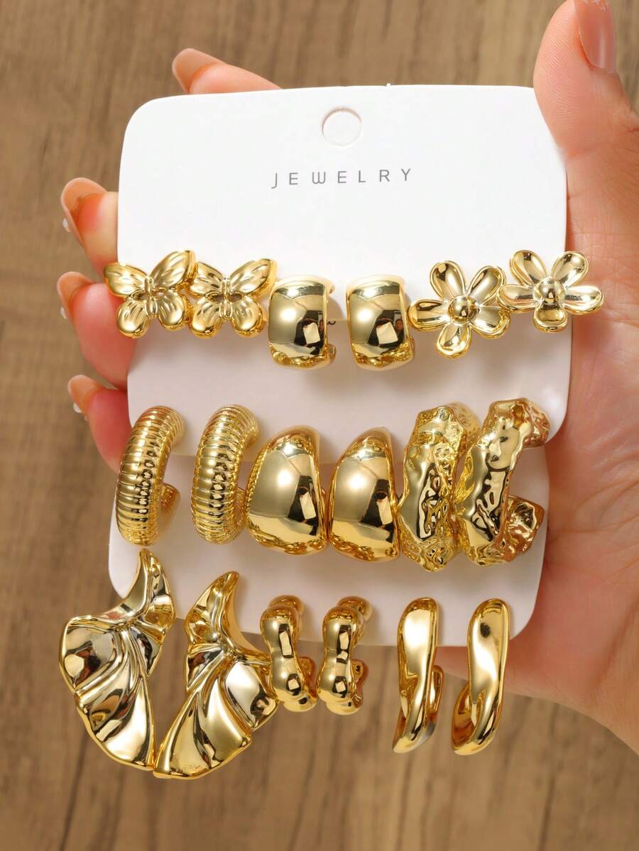 6/18pcs Multi-Style Gold Women's Fashion Earring Set, Light Luxury Exquisite, Simple And Elegant - Gold - View 1