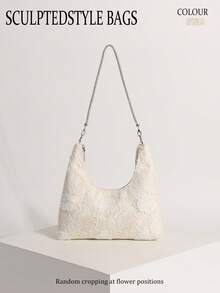 Yellow-Green Lace Hollow Floral Hobo Shoulder Bag With Rhinestones For Women, Suitable For Vacation (Floral Pattern Randomly Distributed) - Beige - View 9
