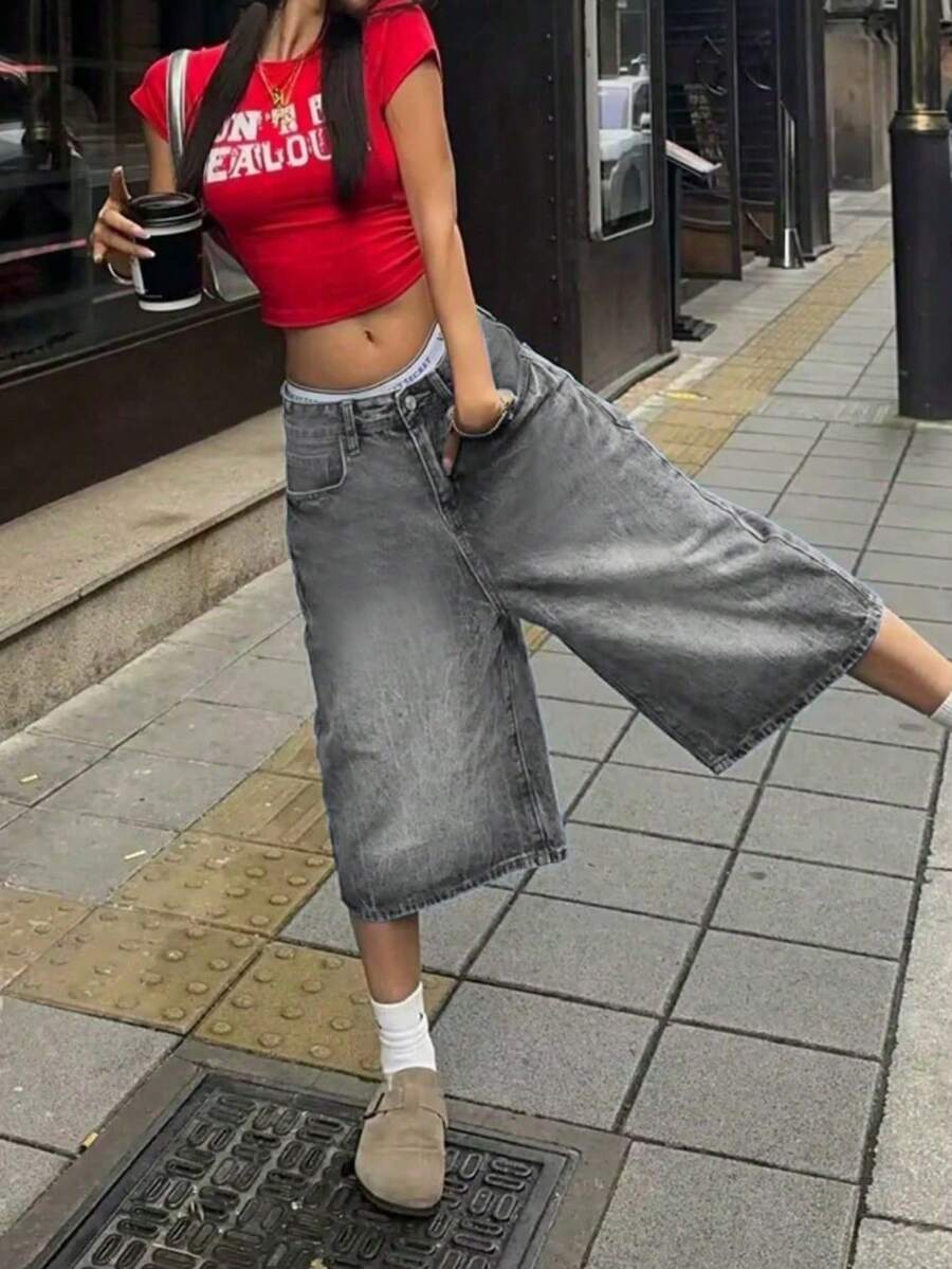Pantalones cortos vaqueros de pierna ancha con bolsillos y efecto lavado con bigotes de gato, estilo vintage Y2K, pantalones capri casuales, para festivales de música Y2K en verano - Gris - Ver 1