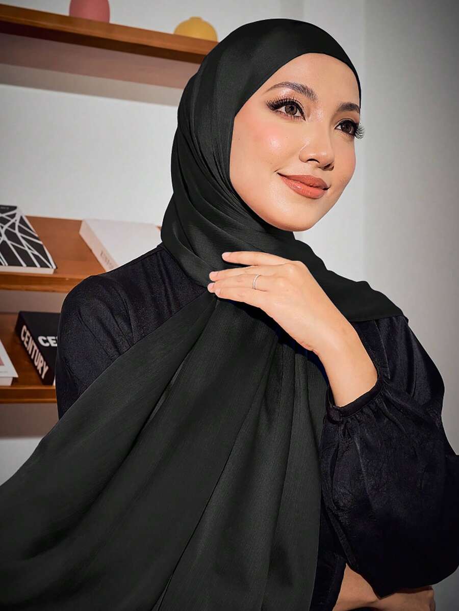1pc Basic Solid Color Island Silk Elegant Shiny Soft Headscarf Arabic Casual Long Scarf Conservative Solid Color Headwrap Suitable For Daily Use
