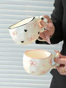 1pc Ceramic Coffee Mug With Pearl Handle, Cute Bow Design Ceramic Teacup, Rimmed Breakfast Cup For Home, Suitable For Cold Drink In Summer And Hot Drink In Winter, Suitable For Various Occasions - Multicolor - View 13