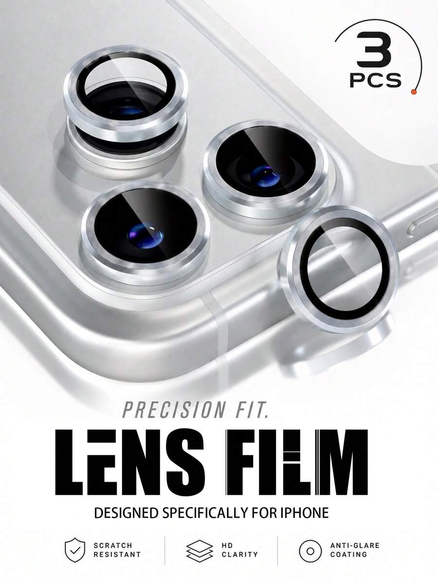 MIGAE 3pcs Silver Metal Ring 9H Hardness Anti-Scratch Tempered Glass Camera Lens Protector, Compatible With IPhone 18 Pro 18 Pro Max 17 Pro Max 17 Pro 17 16 Pro Max 16 Pro 16 Plus 16 15 Pro Max 15 14 13 12 11, Decorative Phone Accessory - Silver - View 1