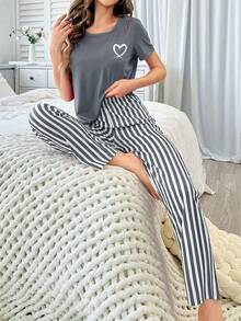 Grey Heart Print Short Sleeve Top And Long Pants 2 Pieces Pajama Set - Grey - View 5