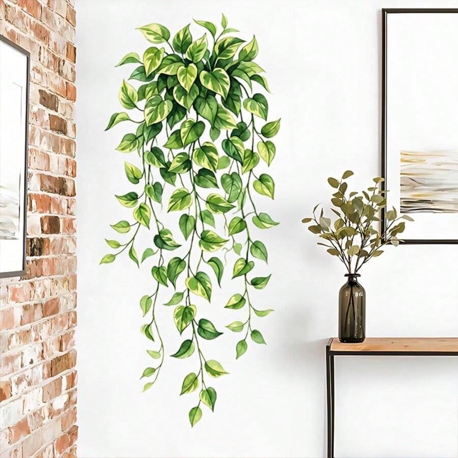1pc Watercolor Hanging Pothos Vine And Leaf Wall Sticker, Removable Self-Adhesive Waterproof PVC Sticker, Suitable For Bedrooms, Living Rooms, Offices, Bathrooms, And Home Decor. - Wall Stickers - View 1