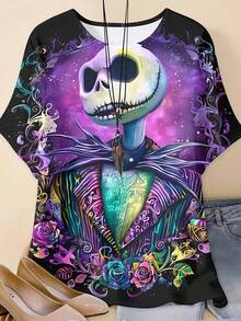 Disney, Jack Skellington With Colorful Roses And Galaxy Background Print, Round Neck Short Sleeve T-Shirt, For Casual Wear And Halloween Party - 彩色 - 查看 2