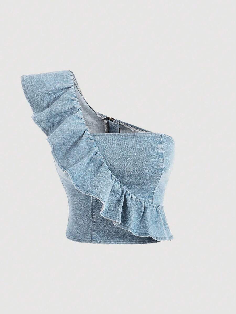 MOD Blusa De Denim De Un Hombro Con Ribete De Volante Para Mujeres - Lavado ligero - Ver 1