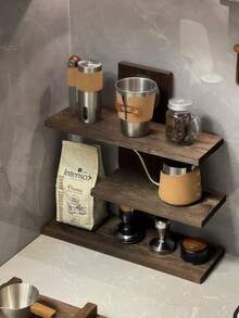 1pc-Walnut Wood Multifunctional Desktop Storage Vertical Shelf, Tea Set Storage Shelf, Vintage Solid Wood Makeup Organizer, Multi-Layer Display Rack, Vanity Perfume And Skincare Storage Shelf, Multifunctional Storage Rack, Wooden Jewelry And Accessories Display Tray, Beauty Display Tray, Suitable For Living Room, Shoe Cabinet, Entryway - Multicolor - View 2