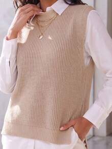 Women's Knitted Vest With Ribbed Crew Neck, Sleeveless, Casual And Elegant Knitwear For Autumn/Winter - 沙 - 查看 4