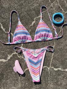 Women's Elegant Colorful Striped Bikini Set, Suitable For Spring/Summer Beach Vacation, Seaside Activities And Holiday Outfits - Multicolor - View 4