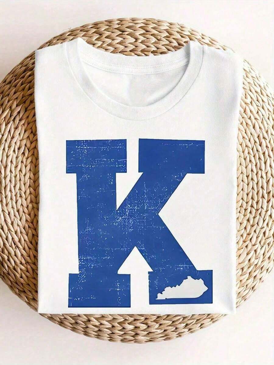 Conjuntos de Verano Suaves para Mujer, Camiseta con Estampado de la Línea del Estado de Kentucky y la Letra K en Negras, Blancas y Azules, 35% Algodón, Ajuste Elástico y Cómodo, Camiseta Lig - Blanco - Ver 1