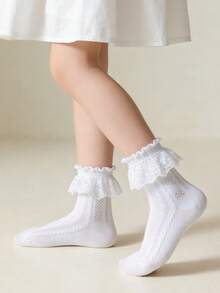 3 pares de calcetines de encaje de algodón de unicolor para niños, con volantes de princesa, versátiles para fiestas y baile - Multicolor - Ver 6