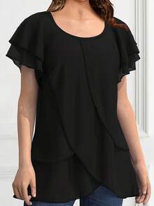 New 2026 Model:Blusa de Talla Grande para Mujer con Mangas Volantes y Bajo Asimétrico en Color Sólido - Negro - Ver 3