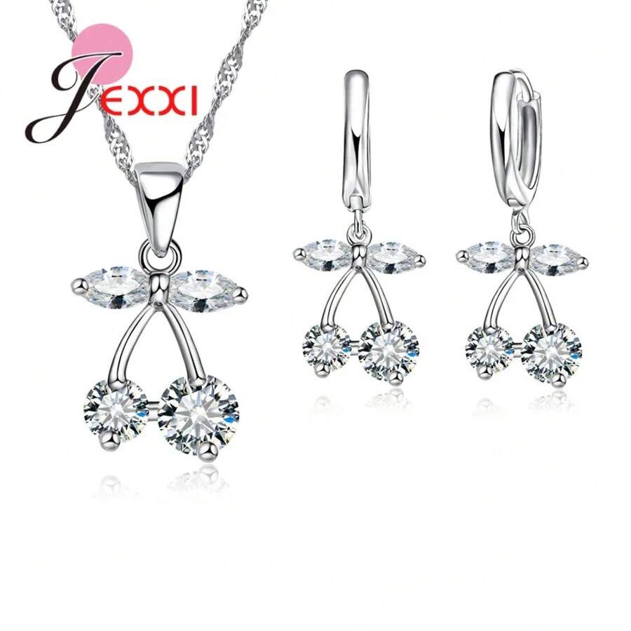 925 Sterling Silver Plating Necklace And Earring Set With Cubic Zirconia, Cross, Heart And Butterfly Design, Fashion Jewelry For Women. - 03901 - 查看 1