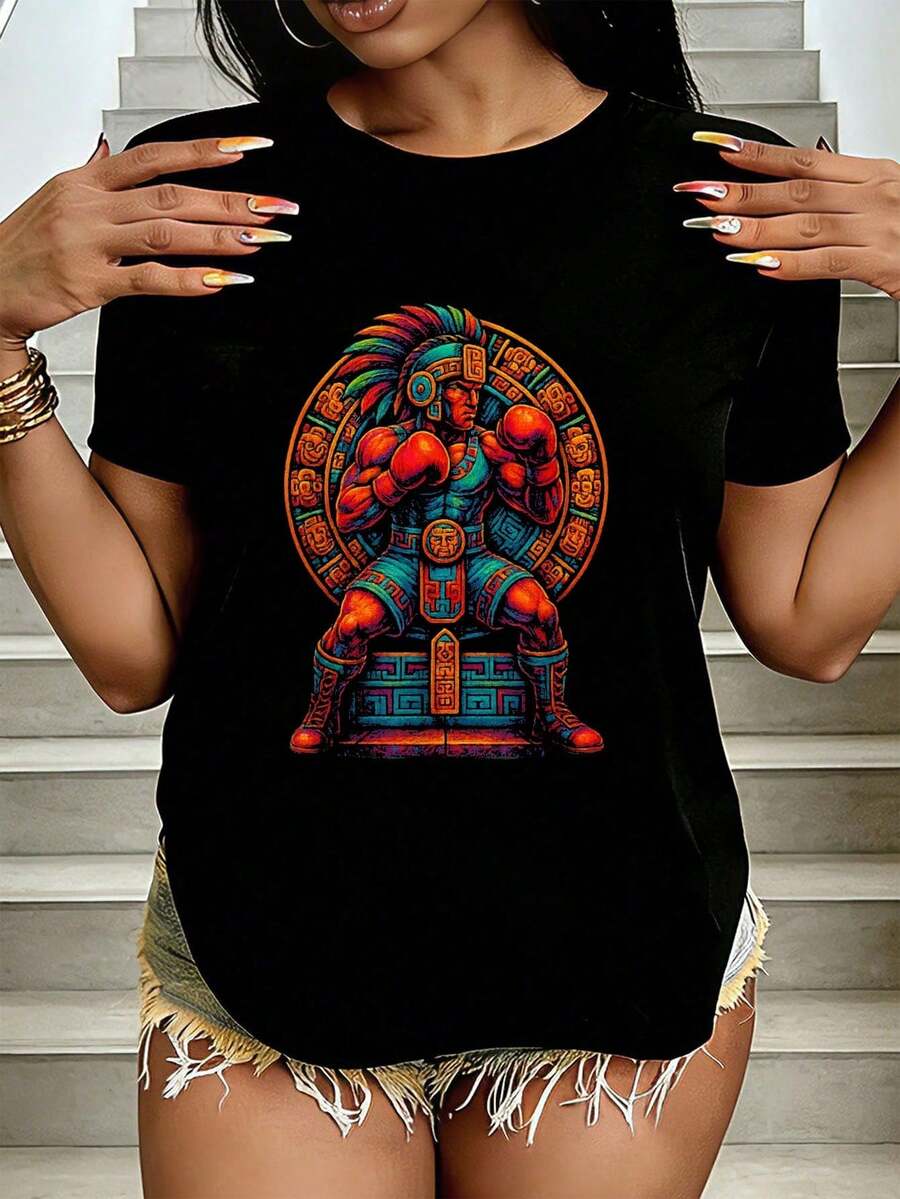 Copia de la camiseta Boxing Mexico, camiseta de moda casual para mujeres, camisetas con estampado gráfico, tops deportivos activos para mujeres - Negro - Ver 1