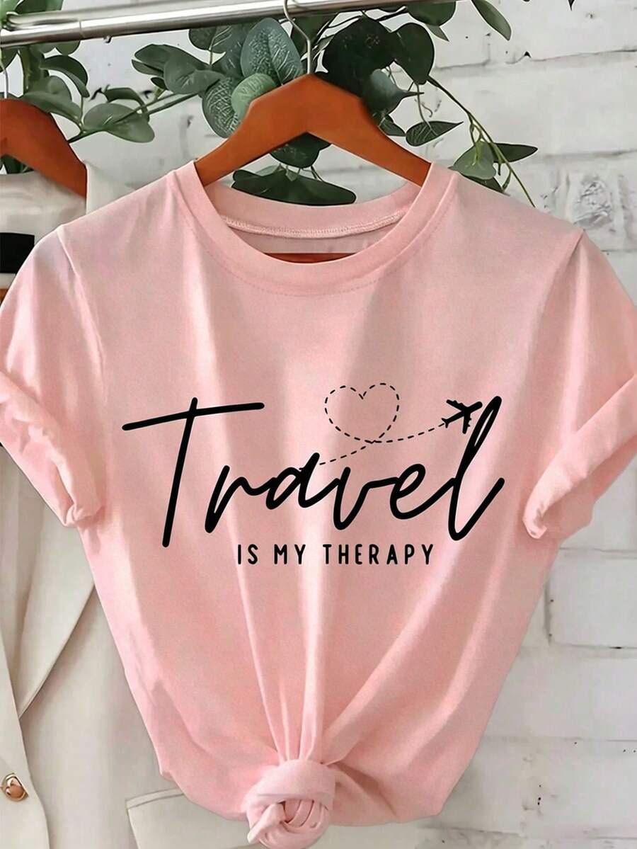 Women's Cotton T-Shirt, "Travel Is My Relax" Letter,Airplane & Heart Print,Pink Loose Round Neck Short Sleeve Tee,Breathable For Summer Daily Wear - 粉色 - 查看 1