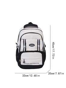 Large Capacity Color Block School Backpack | Beige & Black Bag With Logo & Striped Details | School/Travel/Commute | Bag,Y2k - Multicolor - View 8