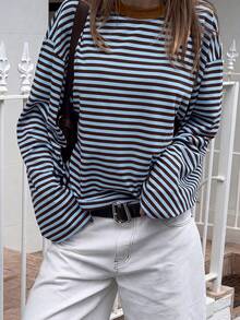 SDNGED Women's Casual Top, Striped Color Block Ribbed Fabric, Everyday Wear Spring/Autumn - Blue-brown - View 4