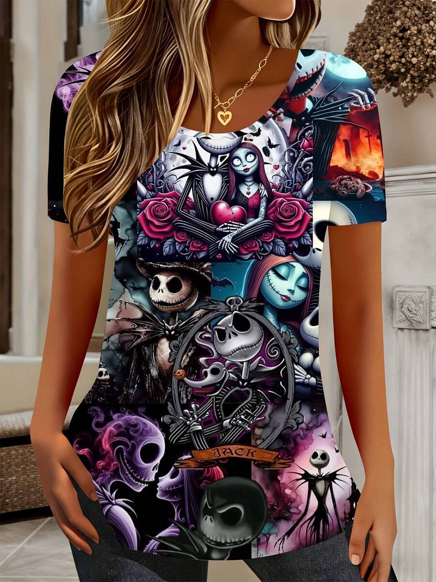 Disney, Nightmare Before Christmas Jack Skellington And Sally Character Print, Round Neck Short Sleeve T-Shirt, For Casual Wear And Halloween Party - 彩色 - 查看 1