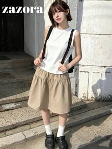 Japanese Casual Sporty Style Elastic Waist A-Line Mini Skirt For Women, Versatile Everyday Commute Simple Skirt - Khaki - View 1