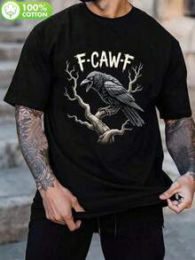 F-Caw-F Camiseta Divertida con Diseño de Cuervo Gótico Vintage, 100% de tela gruesa con un peso de 180 g, con cuello redondo, costuras reforzadas, tratamiento antiencogimiento y corte en los - Negro - Ver 1