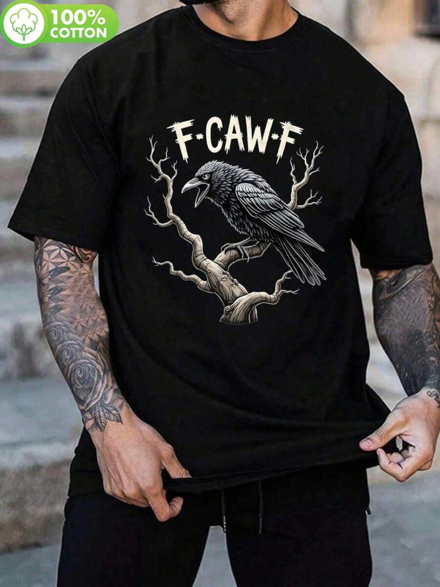 F-Caw-F Camiseta Divertida con Diseño de Cuervo Gótico Vintage, 100% de tela gruesa con un peso de 180 g, con cuello redondo, costuras reforzadas, tratamiento antiencogimiento y corte en los - Negro - Ver 1