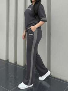 Women's New Round Neck Short Sleeve T-Shirt And Elastic Waist Loose Pants 2 Pieces Set, Suitable For Spring, Summer And Autumn - Dark Gray 23 - View 2