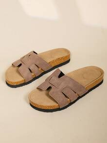 Women's Comfortable Cork Bed Sandals, Casual H-Shaped Strap Flat Slides, Summer Outdoor Beach Slippers - Khaki - View 9