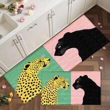 1pc Pink Green Leopard & Contrast Pattern Printed Faux Cashmere Surface TPR Bottom Doormat, Bathroom Mat, Kitchen Mat, Laundry Mat, Holiday Atmosphere Decor, Home Decor, Party Decor, Wedding Decor, Dining & Kitchen Decor - Multicolor - View 1