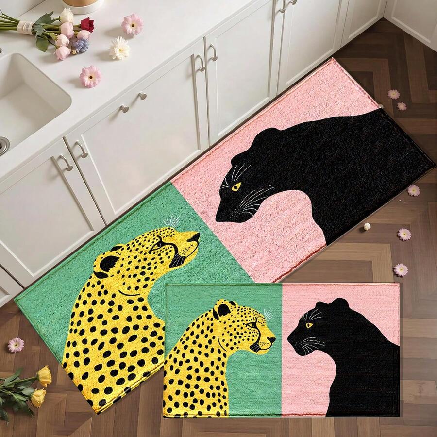 1pc Pink Green Leopard & Contrast Pattern Printed Faux Cashmere Surface TPR Bottom Doormat, Bathroom Mat, Kitchen Mat, Laundry Mat, Holiday Atmosphere Decor, Home Decor, Party Decor, Wedding Decor, Dining & Kitchen Decor - Multicolor - View 1