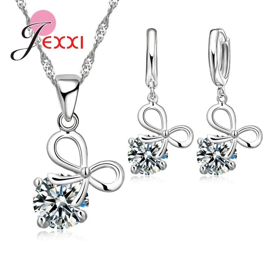 925 Sterling Silver Plating Necklace And Earring Set With Cubic Zirconia, Cross, Heart And Butterfly Design, Fashion Jewelry For Women. - 35001 - 查看 1