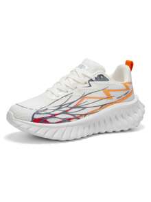 Men's Colorblock Line Design Lace-Up White All-Season Low-Top Sneakers, Versatile Lightweight Comfortable Thick Sole Height-Increasing Running Shoes For Daily Commute And Streetwear - White - View 3