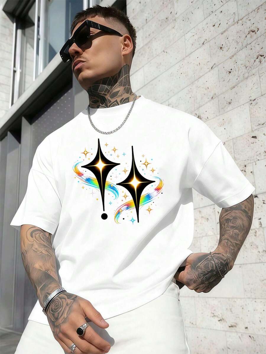 T-Shirt With Star Print For Spring, 100% Cotton, Art Print, Street Hip-Hop, Breathable, New Product - White - View 1