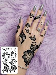 1 Pc Romantic Black Henna Floral Temporary Tattoo Set, Waterproof Long Lasting Fake Tattoo, Intricate Boho Body Art For Hands & Fingers - 黑色 - 查看 1