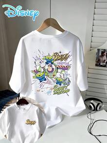 Officially Licensed Disney Toy Story T-Shirt Featuring An Illustration Of Buzz Lightyear And The Alien Explosion, Cartoon Style, Short-Sleeved Men's Shirt Made Of Pure Cotton, Streetwear, Suitable For Summer. - 白色 - 查看 2