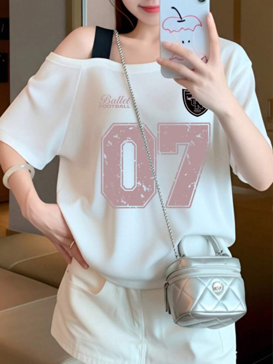 白色不對稱單肩短袖女款T恤,夏季新款美式性感風 07數字印花寬鬆休閒上衣,女款斜肩顯瘦日常通勤百搭內搭,街頭風 - 白色 - 查看 1