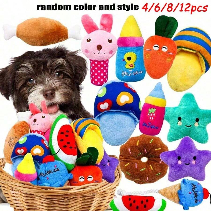 4/6/8/12件裝發聲狗玩具，適合小型與中型犬，大包裝可愛互動寵物幼犬發聲玩具，多款設計柔軟絨毛填充狗咬咬玩具組，適合幼犬，隨機顏色與款式組合