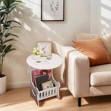 European Style Portable White Side Table | Modern Minimalist Round Bedside Table | Multifunctional Mini Coffee Table With Storage Basket And Open Shelf | Space-Saving Design | Easy To Assemble Durable Furniture, Suitable For Home, Bedroom, Living Room And Travel | Phone Holder Bedside Table - View 4