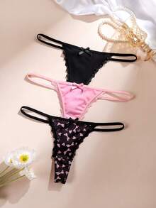 3pcs Printed/Solid Color Comfortable Lace Trim Women's Thong Panties - Multicolor - View 1