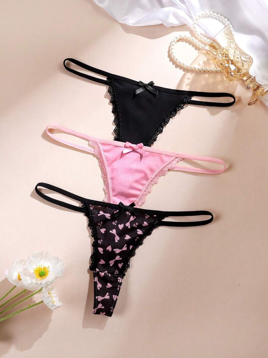 3pcs Printed/Solid Color Comfortable Lace Trim Women's Thong Panties - Multicolor - View 1