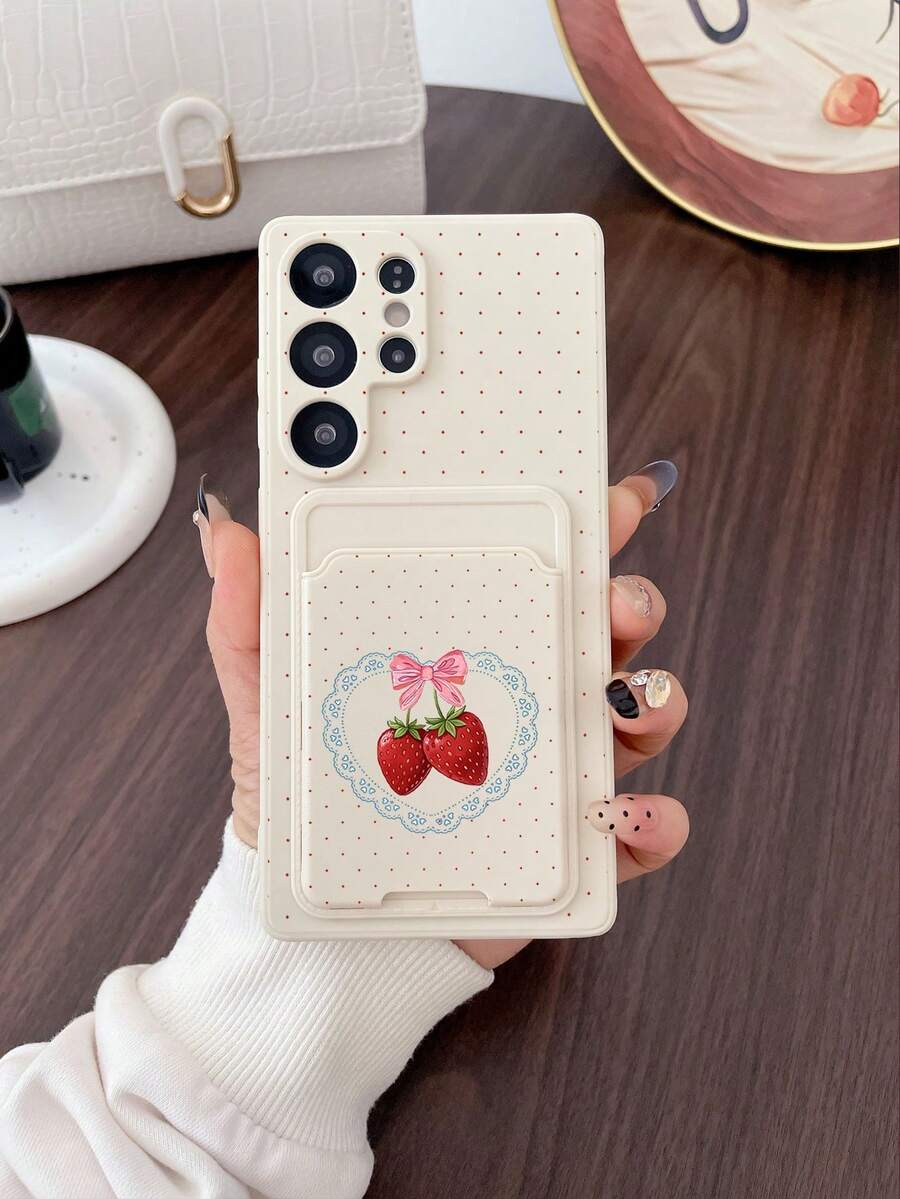 1pc White TPU Sweet Strawberry Lace Heart Pattern Full Coverage Shockproof Phone Case And 1pc Sweet Strawberry Lace Heart Pattern White Adhesive Card Holder, New 2-In-1, Full Coverage Protection Dustproof Waterproof Soft Shell Suitable For Versatile Phone Case/Card Holder Phone Case/Fun Phone Case/Android Phone Case/ Phone Case/ Phone Case/ Phone Case - Multicolor - View 1