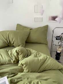 Blue And White Colorblock Washed Polyester Skin-Friendly 3 PiecesDuvet Cover Set - Lime Green - View 6