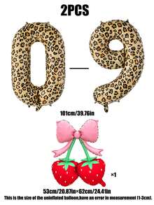 2件組 40英吋豹紋0-9數字＋蝴蝶結草莓箔氣球套組，適合生日派對、嬰兒洗禮、室內派對、豹紋主題、動物派對、櫻桃主題、蝴蝶結主題裝飾 - 彩色 - 查看 6