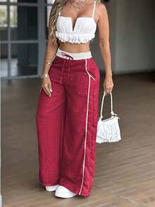 Pantalones de cintura alta, de color gris verdoso claro, holgados y de pierna ancha, estilo Y2K, pantalones casuales de corte  europeos y americanos, - Burdeos - Ver 1