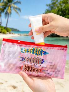 防水海灘化妝包，附珠飾魚類圖案，海洋主題大容量透明化妝袋，配尼龍拉鍊，便攜式旅行盥洗包，多功能收納袋，適合海灘度假必需品、口紅、護膚品、文具 - 彩色 - 查看 6