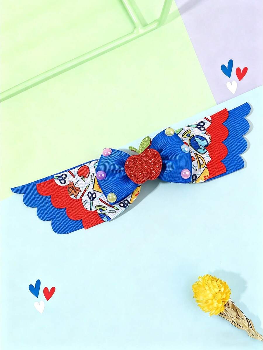 1pc Back To School Hair Bow For Girls Cute Pencil Apple Bow Hair Clip Blue Red Grosgrain Ribbon Hair Barrette Tees Hair Accessories - Blue - View 1
