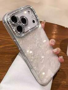 時尚優雅水鑽閃亮水晶愛心雷射貝殼紋手機殼 適用於 iPhone 17 Pro Max 16 15 14 Plus 13 12 Pro 11 Air 柔軟鏡頭保護膜 - 白色 - 查看 3