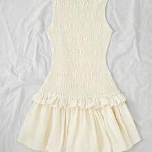Fengyu Women's Clothing Store Vestido mini de mujer de punto con volantes en el bajo y sin mangas de un solo color - Burdeos - Ver 3