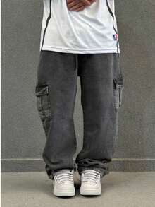 Black Stonewashed Cargo Jeans With Elastic Waistband. - Dark Wash - View 2